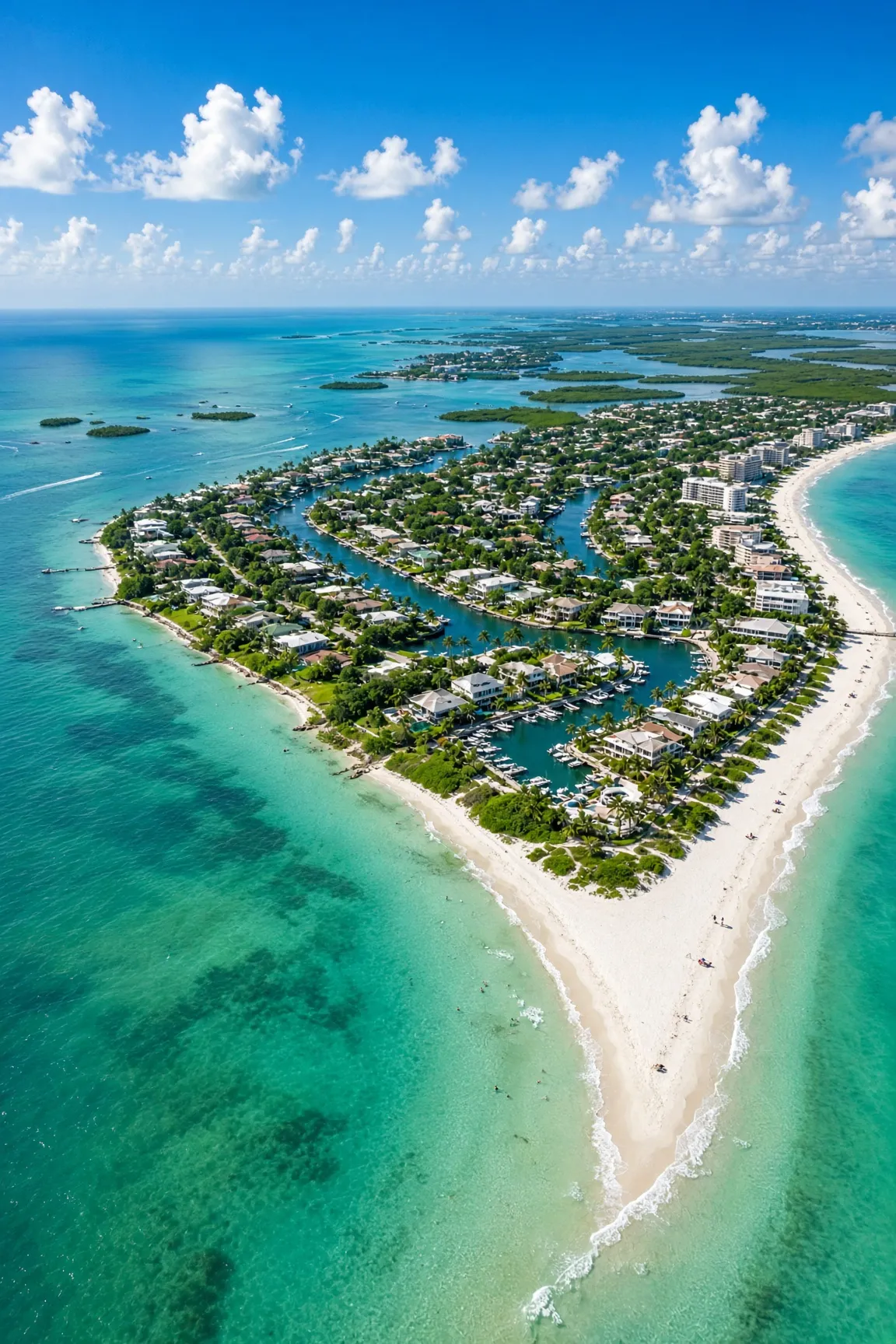 Aerial view of a Southwest Florida barrier island with white sand beach, canals, and turquoise Gulf water