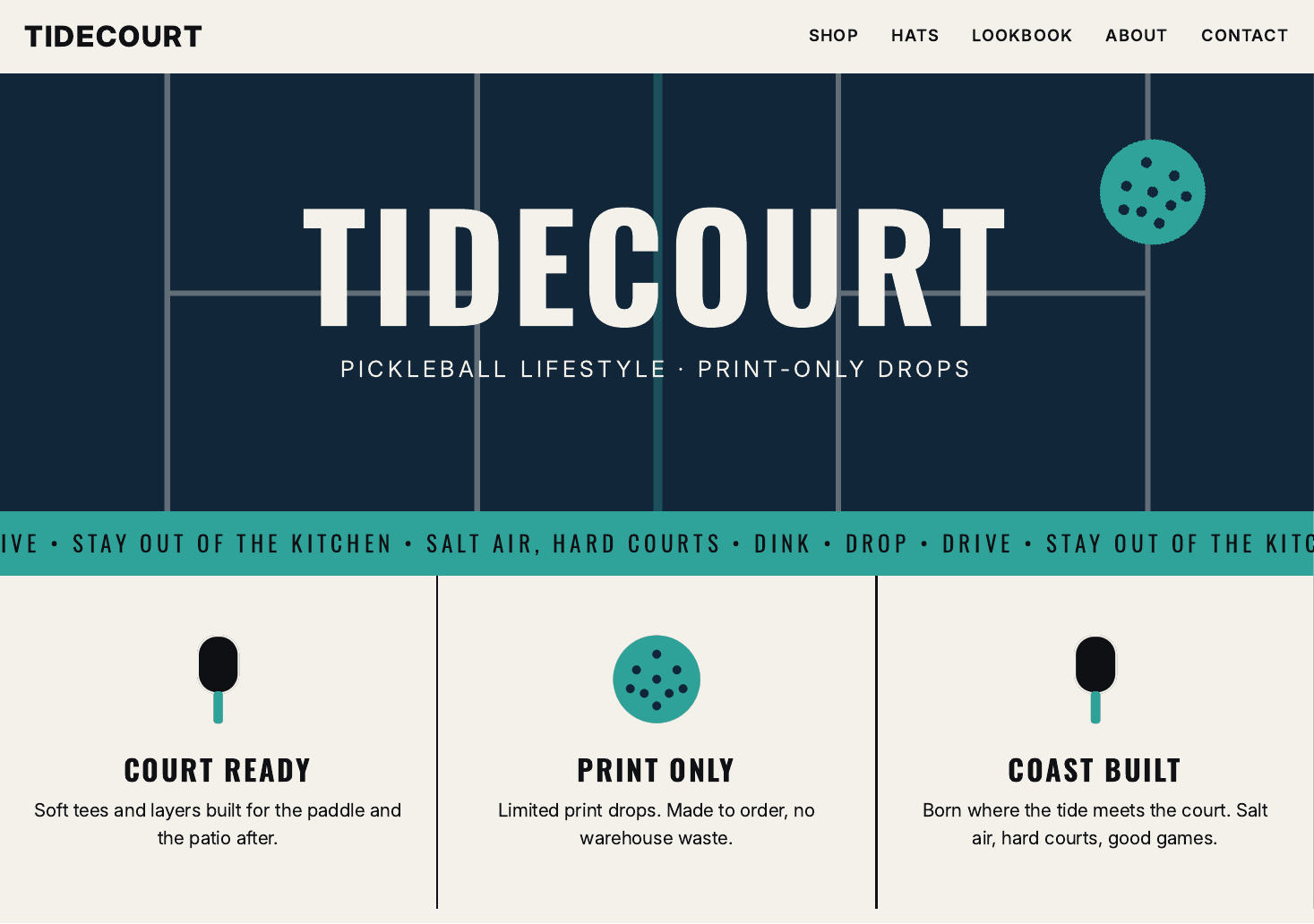 TideCourt homepage — pickleball lifestyle apparel built by Salt Branding House